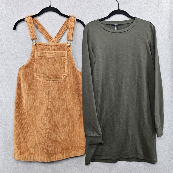 Lot of 2 Forever 21 Olive Green Tunic & SO Burnt Orange Corduroy Jumper Size S - Picture 1 of 7